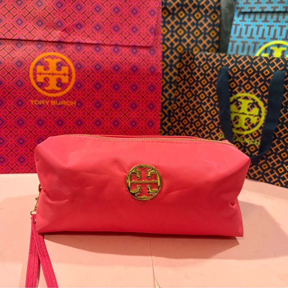 Tory Burch Pink Cosmetic Bag with Gold Logo New